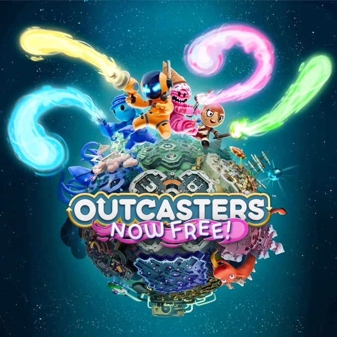 The Outcasters key art of colourful vinyl toy characters above a planet made up the game characters. The text reads Outcasters - Now Free!
