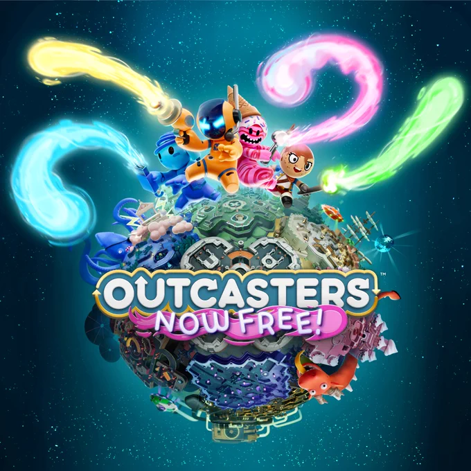 The Outcasters key art of colourful vinyl toy characters above a planet made up the game characters. The text reads Outcasters - Now Free!