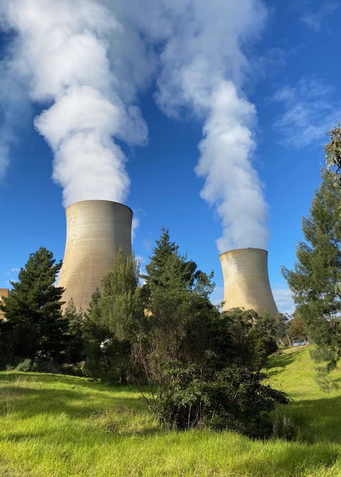 Two huge, curving power plant chimneys surrounded by green trees spout white plumes into a blue sky
