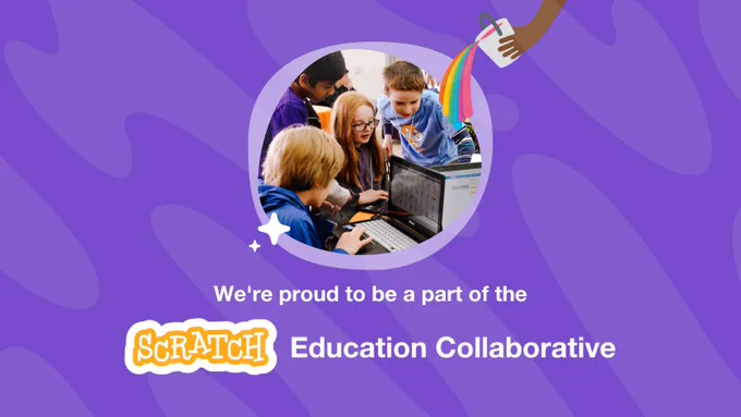 Four kids share a computer in an image above the words “We’re excited to be a part of the Scratch Education Collaboration,” in a purple background.