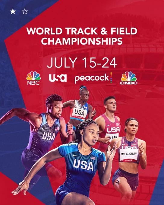 Photos of U.S. track athletes Noah Lyles, Allyson Felix, Athing Mu, Devon Allen and Sydney McLaughlin on a graphic promoting the World Track & Field Championships from July 15-24 on NBC, USA Network, Peacock TV and CNBC.