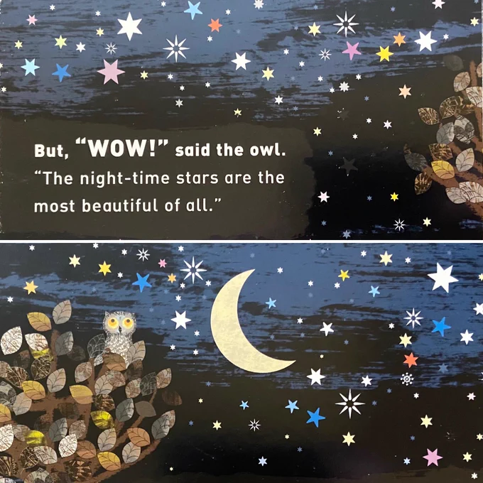Images from Tim Hopgood’s ‘Wow! said the Owl’ children’s book showing a colourful night sky