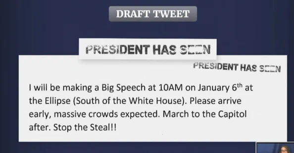 draft tweet from Trump calling on people to march to the capitol
