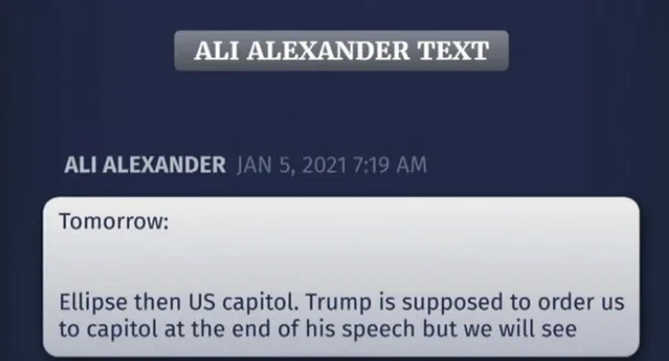 Ali Alexander text indicating AA knew about the plan to march to the Capitol