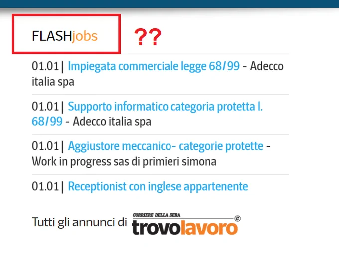 schermata che mostra la casella con gli annunci di "TrovoLavoro" sotto il titolo "FLASHjobs"