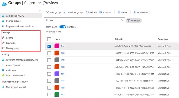 1a - Groups blade Settings hides the Writeback options, as the Azure AD Connect configuration reports that the feature is disabled