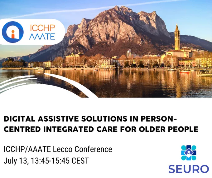 An image of Lecco, Italy including a mountain scape and the town below. Text reads 'Digital assistive solutions in person-centred integrated care for older people, ICCHP/AAATE Lecco Conference, July 13, 13:45-15:45 CEST'  