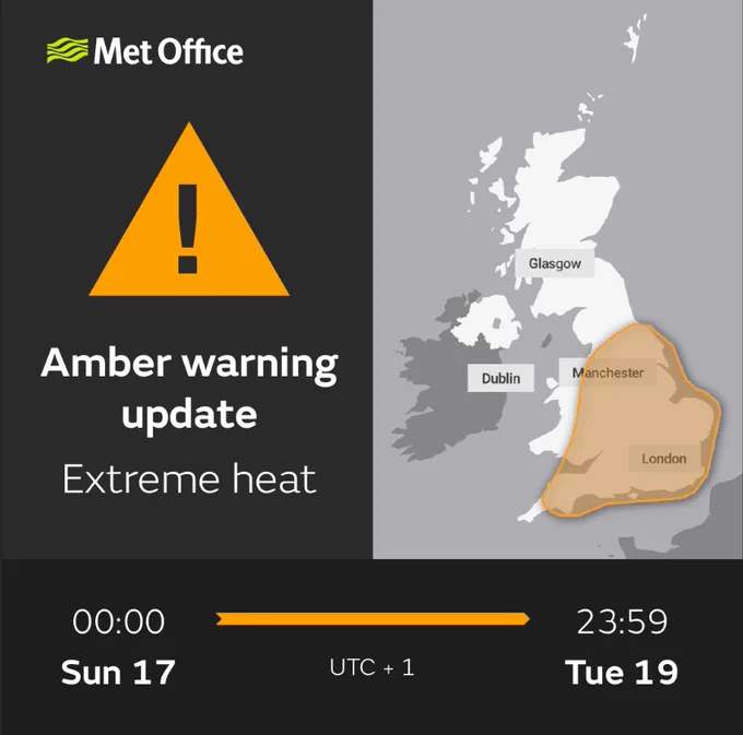 The National Severe Weather Warning for extreme heat has been updated. The area covered is east Wales and most of England, apart from the far southwest and north. The new validity time is midnight on Sunday until 23:59 on Tuesday.