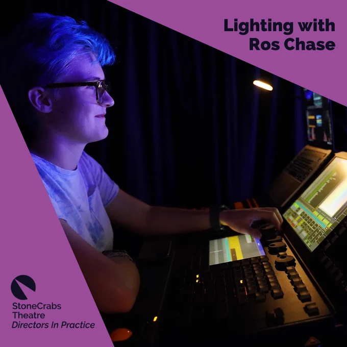 A square which has a purple background with a spotlight shining from the upper left corner which has a photo in it. The photo shows a woman with short hair and glasses. She is sat in the dark in front of a lighting control panel and is lit in blue. Dark indigo text in the upper right corner reads: Lighting with Ros Chase.