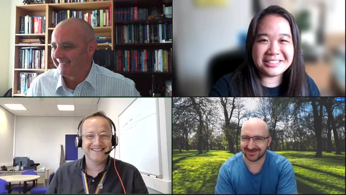 A sceenshot image from an onlline meeting with Phil, Puiyin, John and Tom. 