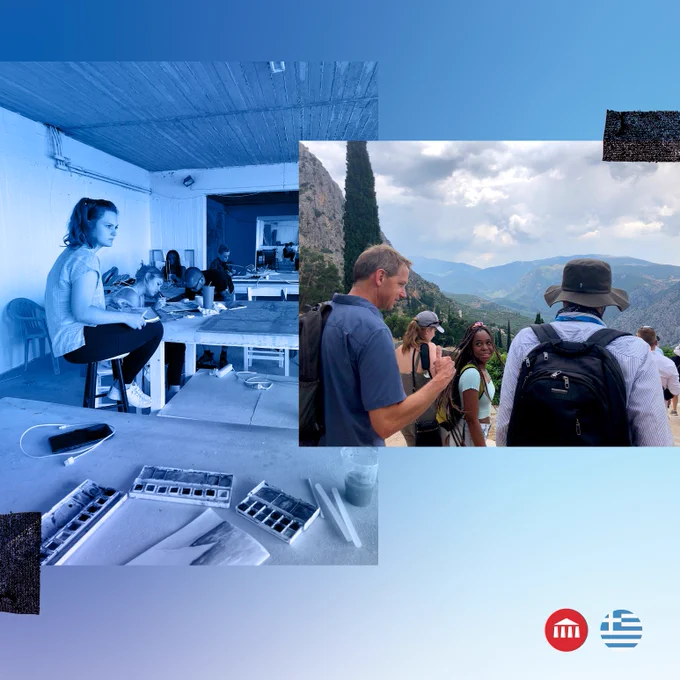 A gradient blue graphic with two photos. One is students in an art studio working. The other is a group of people in the mountains. There is a UArts logo and a small Greek flag in the bottom right corner.