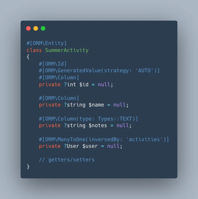 Example Doctrine entity class showing property types, missing "type" options on ORM\Column (since they are guessed from the property type) and use of the Types constants when a type *is* needed.