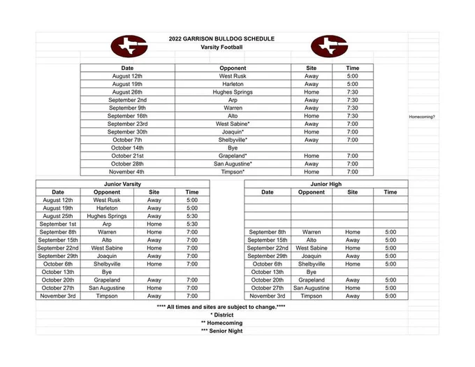 2022 Garrison Football Schedules