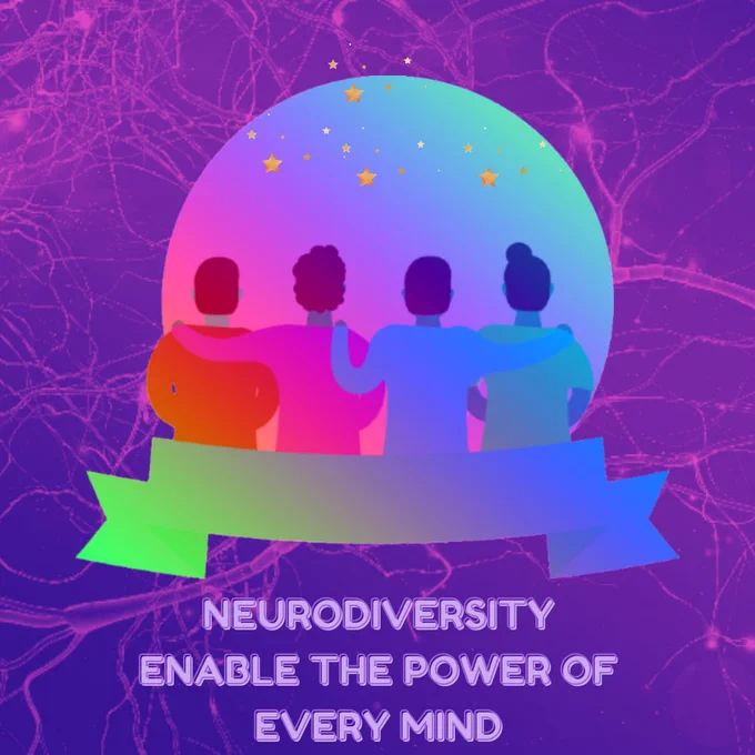 A colourful graphic of 4 individuals with their arms around each other to represent unity with the text/caption below the the image: Neurodiversity Enable the power of every mind.