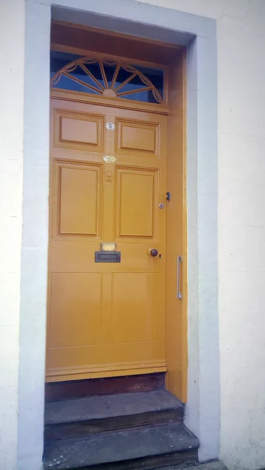A Georgian-style panelled yellow door set back in the doorway and up two steps. It has a yellow-painted fanlight with brass door furniture and is at No 3.