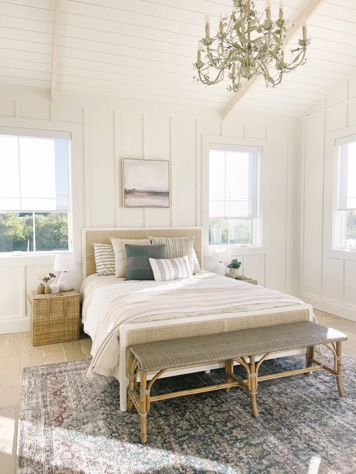 Nina Williams's coastal farmhouse bedroom with Classic Solar Shades.
