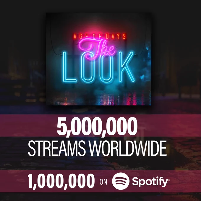 Age of Days version of "The Look" by Roxette, with guest vocal by Heidi Shepherd of Butcher Babies, reaches 5 million streams on all DSPs, including 1 million on Spotify alone.