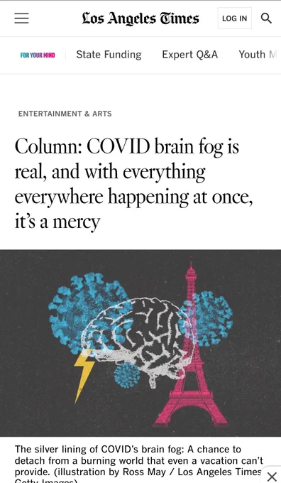 Screenshot of LA Times "Column: COVID brain fog is real, and with everything everywhere happening at once, it’s a mercy"