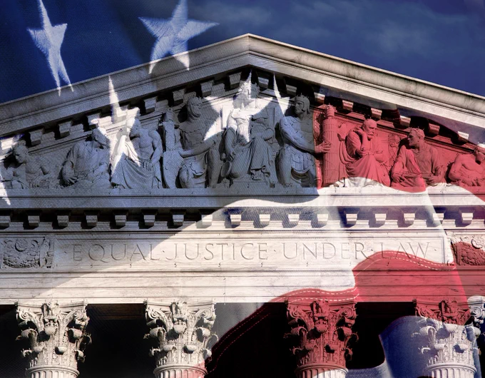 Photo of U.S. Supreme Court building with American flag overlay. 