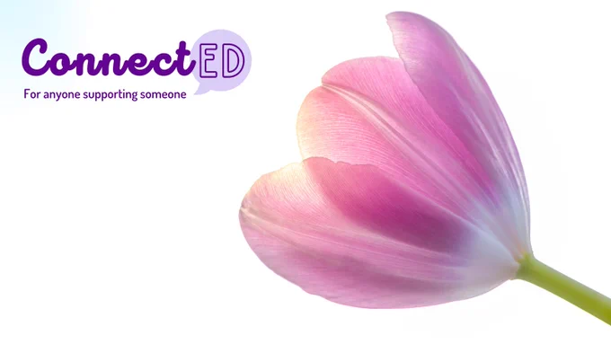 Image of a lilac flower showing the ConnectED logo and slogan ' for anyone supporting someone' 