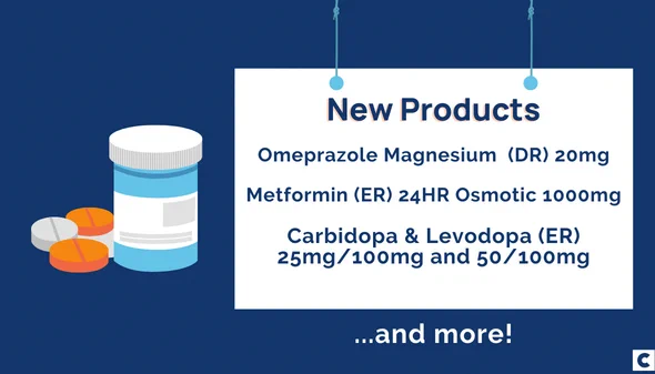 Medication pill bottle and pills with text "New Products: Omeprazole Magnesium Delayed Release 20mg, Metformin Extended Release 24 hour Osmotic 1000mg, Carbidopa and Levodopa Extended Release 25mg/100mg and 50/100mg and more."