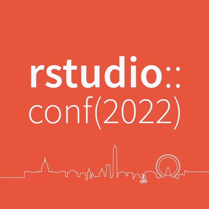 Red background with the Washington D.C. skyline and rstudio::conf(2022) written on top.
