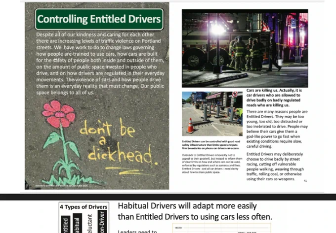 2 pages from The Portland Car Master Plan. The first is about how to control Entitled Drivers. The second about how to change the habits of Habitual Drivers.