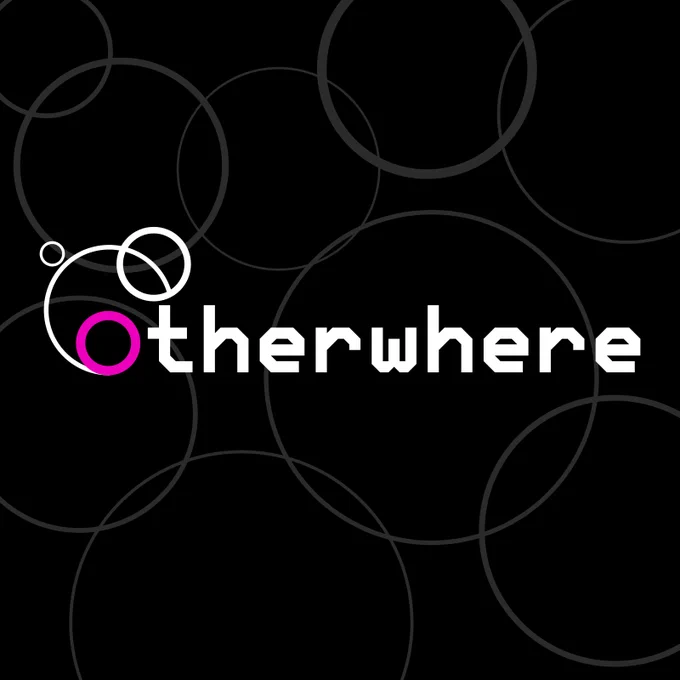 Image description: Otherwhere's new logo. Several white stylized circles of different sizes intertwine into a pink O that is the start of the word Otherwhere in white angular font. Gray circles of varying sizes overlap each other over a black background.