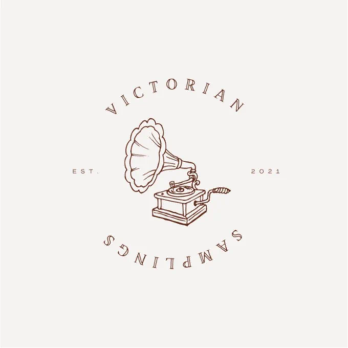 Victorian Samplings logo. Victorian Samplings Established 2021. Line drawing of 19th- century gramophone