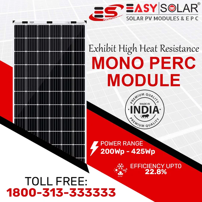 Exhibit High Heat Resistance
Mono Perc Modules
Power Range 200 Wp to 425 Wp
Efficiency Upto : 22.8%
