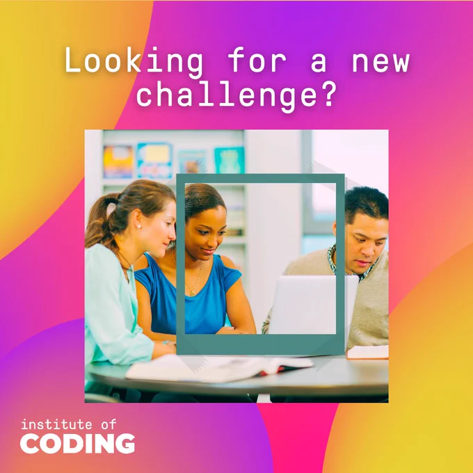 Three people sitting at workspace with a laptop. Text says "Looking for a new challenge?"