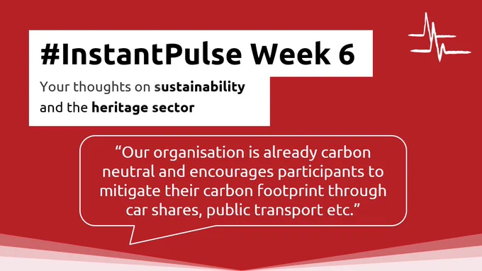 # InstantPulse Week 6 
Your thoughts on sustainability and the heritage sector 
"our organisation is already carbon neutral and encourages participants to mitigate their carbon footprint through car shares, public transport etc."