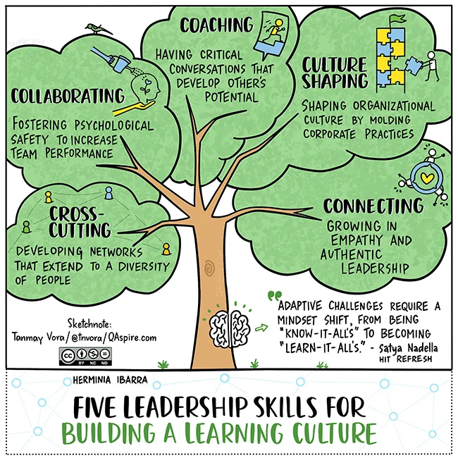 The graphic is a tree with five branches that represent the five leadership skills for building a learning culture: 
✔ Cross-cutting: Building diverse networks and strong ties within and outside the organization enabling access to diverse perspectives and knowledge.
✔ Collaborating: Harnessing the benefits of diversity by creating a safe environment for people to contribute.
✔ Coaching: Empowering people to use their autonomy by having conversations that develop others’ potential.
✔ Culture Shaping: Moving towards a a culture that fosters growth mindset while also assessing corporate practices.
✔ Connecting: Building trust and engagement amongst team members through empathy and authentic leadership.