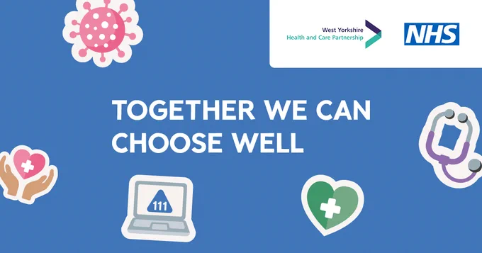 Together We Can Choose Well. Icons of a laptop, green heart with white medical cross and stethoscope. NHS logo.  