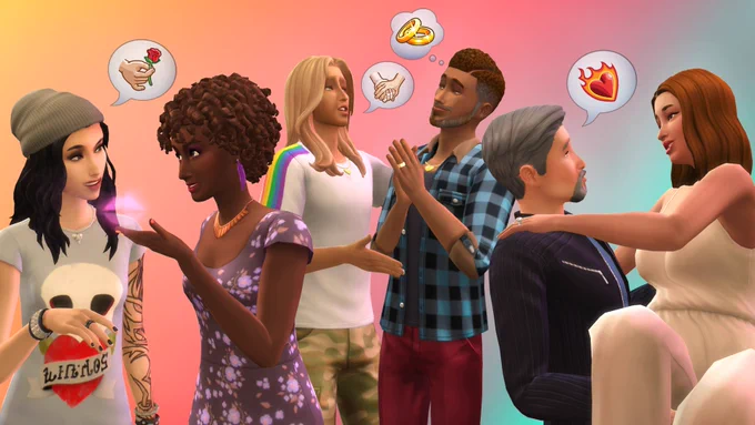 An image of three Sim couples of various orientations and identities to support the new feature coming in the next The Sims 4 base game update.