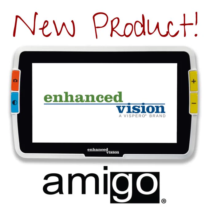 New Product!  8" portable video magnifier pictured.  amigo logo