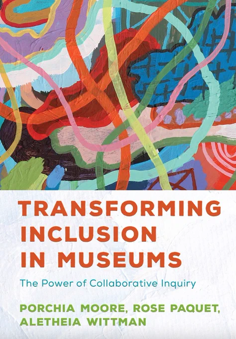 This is the cover for the book, Transforming Inclusion in Museums: The Power of Collaborative Inquiry. The bottom half of the image has a white background with bright orange title, turquoise sub-title and neon green author names. The top of the image, above title and author names, is a painting with bright, colorful, interwoven lines, and shapes.