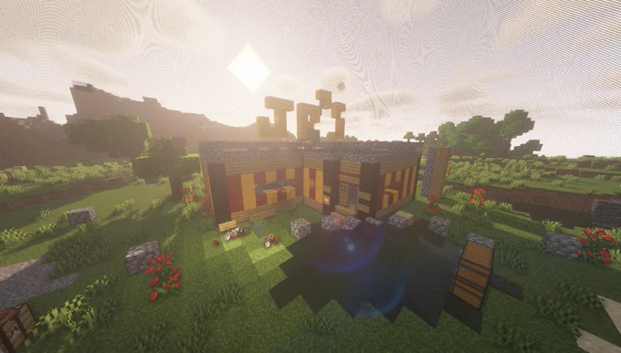 A Minecraft building with red and yellow striped walls with a large "Jr'" on top, in the style of the Five Nights at Freddy's building in the midnight motorist arcade game.