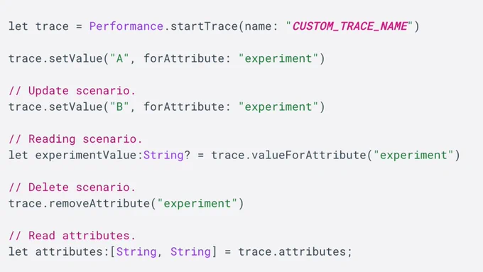 Image of on screen code from Firebase documentation on how to Add custom monitoring for specific app code with Firebase Performance Monitoring.