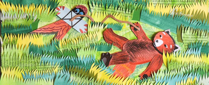 Paper collage art for children's picture books. Storytelling art featuring a red panda playing in the meadow. 
