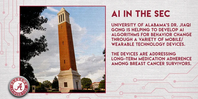 AI in the SEC. University of Alabama's Dr. Jiaqi Gong is helping to develop AI algorithms for behavior change through a variety of mobile/wearable technology devices. The devices are addressing long-term medication adherence among breast cancer survivors. 