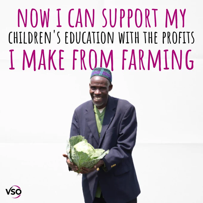 Man holding vegetable in his hands.

Text reads: Now I can support my children's education with the profits I make from farming.