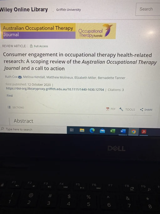 A photo of a computer screen with Ruth Cox’s article citation. Title is consumer engagement in occupational therapy health-related research: a scoping review of the Australian Occupational Therapy Journal and a call to action. Doi: 10.1111/1440-1630.12704