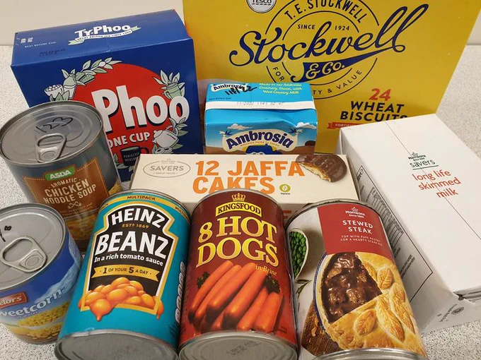 Examples of things to donate to Foodbank - baked beans, hot dogs, stewed steak, sweetcorn, soup (all tinned). Wheat biscuits, tea bags, Jaffa cakes, long life milk, custard (carton).
