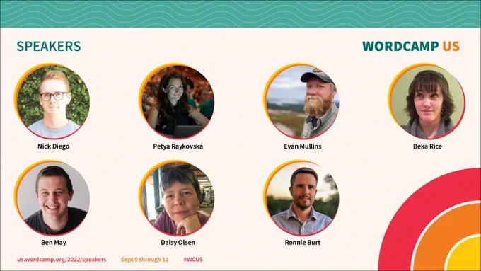 Welcome our third round of speakers for WordCamp US 2022 - Nick Diego, Petya Raykovska, Evan Mullins, Beka Rice, Ben May, Daisy Olsen, Ronnie Burt.