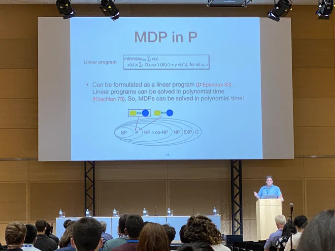 Mike Littman’s IJCAI 2022 McCarthy Award lecture. Slide title: MDP in P (linear programming formulation)