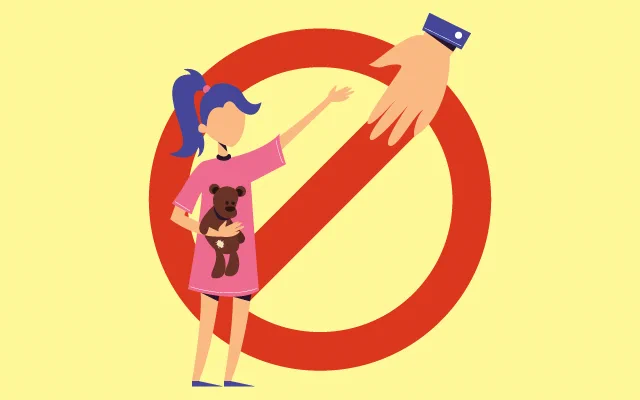 child with a no sign to represent the topic at hand: child sexual abuse.