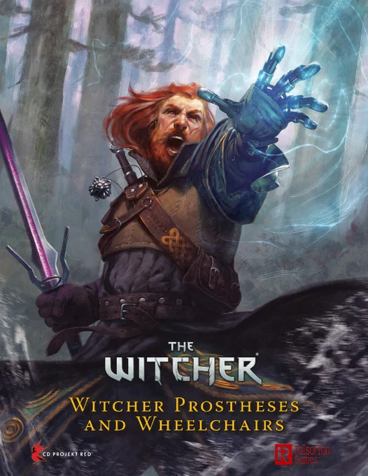 The cover of Witcher Prostheses and Wheelchairs. Voren of Dillingen wields a silver sword with his right hand while he casts a Sign with his prosthetic left hand.