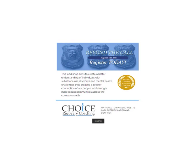 We have a few spaces left for our training: Beyond The Call, 
Recovery Wellness Theory, Practice and Healing for Front Line Workers
click on link below to register:
https://www,choicerecoverycoaching.org/book-online