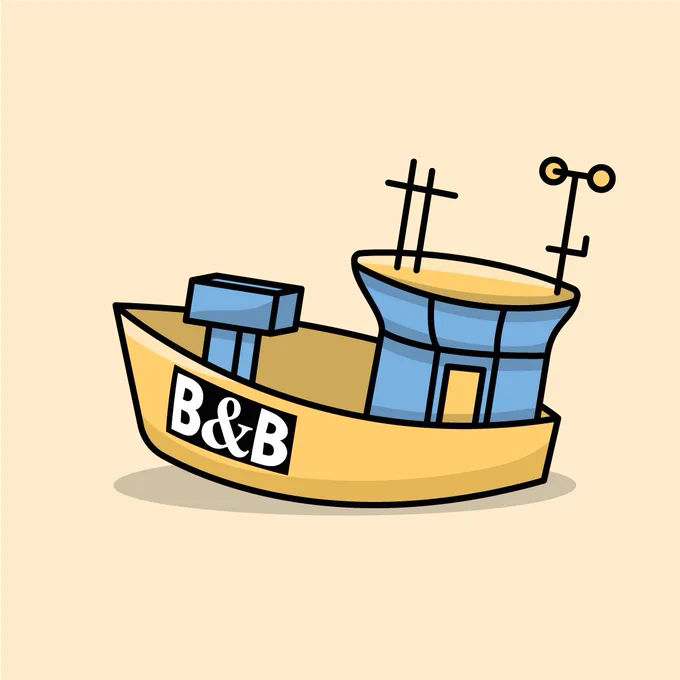 Vector illustration of a yellow fishing boat with blue accessories. Created for a small business based in Selsey West Sussex.